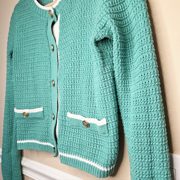 Nicole Miller Cardigan Sweater~Gold Buttons Women Size XS Green Knit Classic - Picture 6 of 13